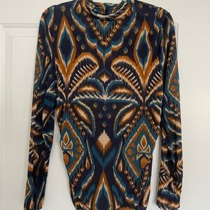 FARM Rio Mock Neck Long Sleeve Stretch Jersey Top - pineapple Ikat blue